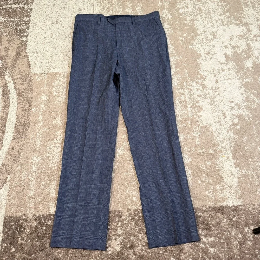Banana Reublic Pants Mens 32x32 Blue Slim Fit Marzotto Wool Glen Plaid Check